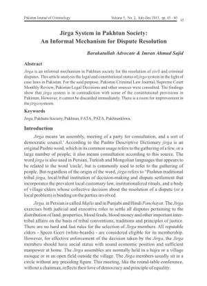 Jirga System in Pakhtun Society: an Informal Mechanism for Dispute Resolution