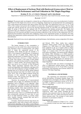 Effect of Replacement of Soybean Meal with Duckweed (Lemna Minor) Meal on the Growth Performance and Feed Utilization in Nile Tilapia Fingerlings Ibrahim, W