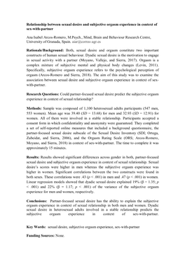 Relationship Between Sexual Desire and Subjective Orgasm Experience in Context of Sex-With-Partner Ana Isabel Arcos-Romero, M.Ps