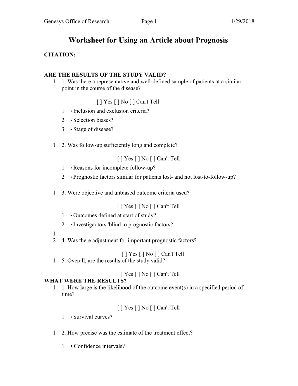 Worksheet for Using an Article About Prognosis