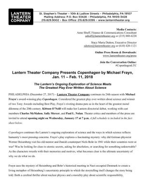 Lantern Theater Company Presents Copenhagen by Michael Frayn, Jan