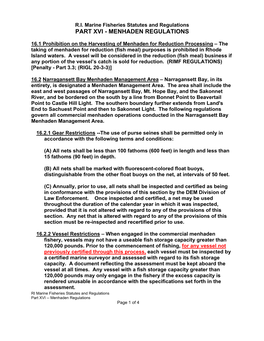 Part Xvi - Menhaden Regulations