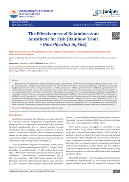 The Effectiveness of Ketamine As an Anesthetic for Fish (Rainbow Trout – Oncorhynchus Mykiss)