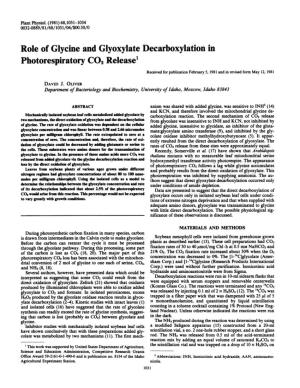 Role of Glycine and Glyoxylate Decarboxylation in Photorespiratory CO2 Release' Received for Publication February 5, 1981 and in Revised Form May 12, 1981