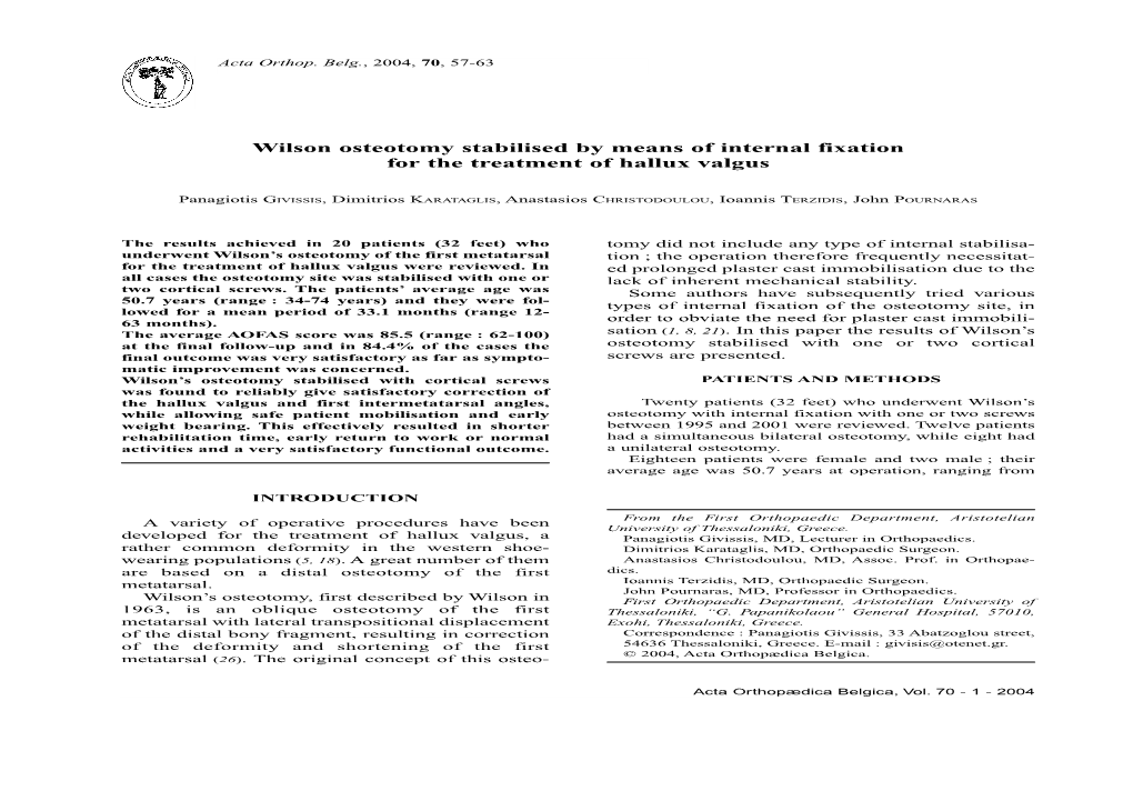 Wilson Osteotomy Stabilised by Means of Internal Fixation for the Treatment of Hallux Valgus