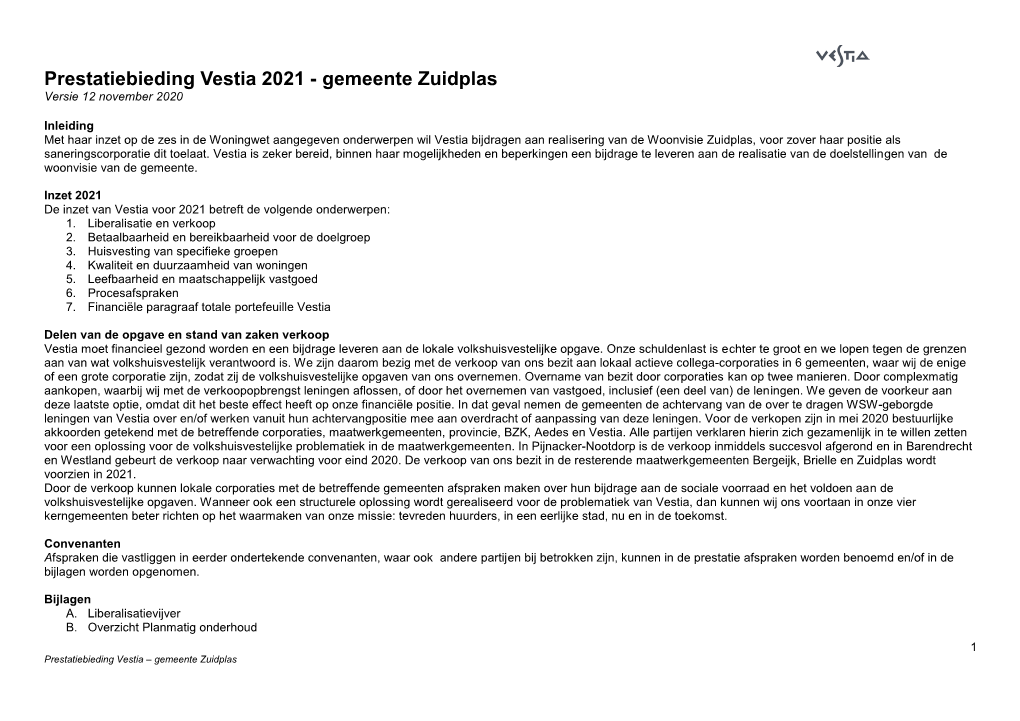 Prestatiebieding Vestia 2021 - Gemeente Zuidplas Versie 12 November 2020