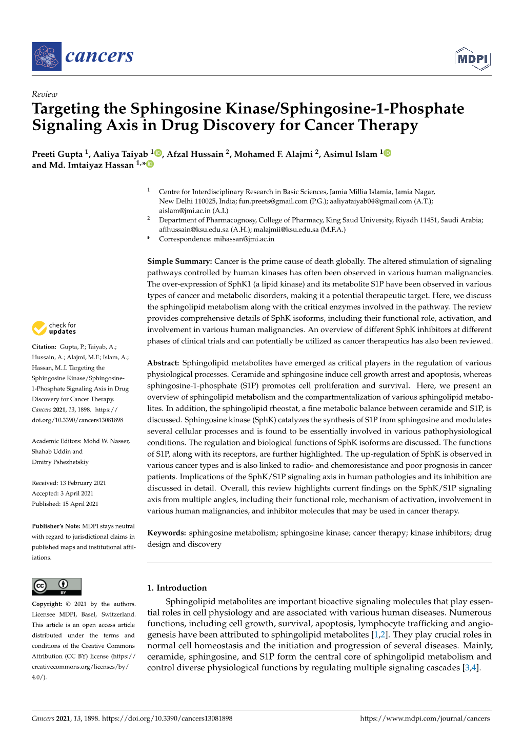 Targeting the Sphingosine Kinase/Sphingosine-1-Phosphate Signaling Axis in Drug Discovery for Cancer Therapy