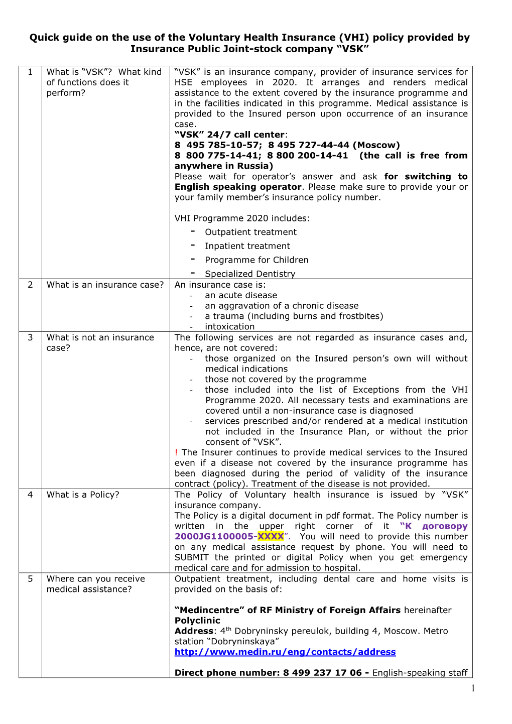 Quick Guide on the Use of the Voluntary Health Insurance (VHI) Policy Provided by Insurance Public Joint-Stock Company “VSK”