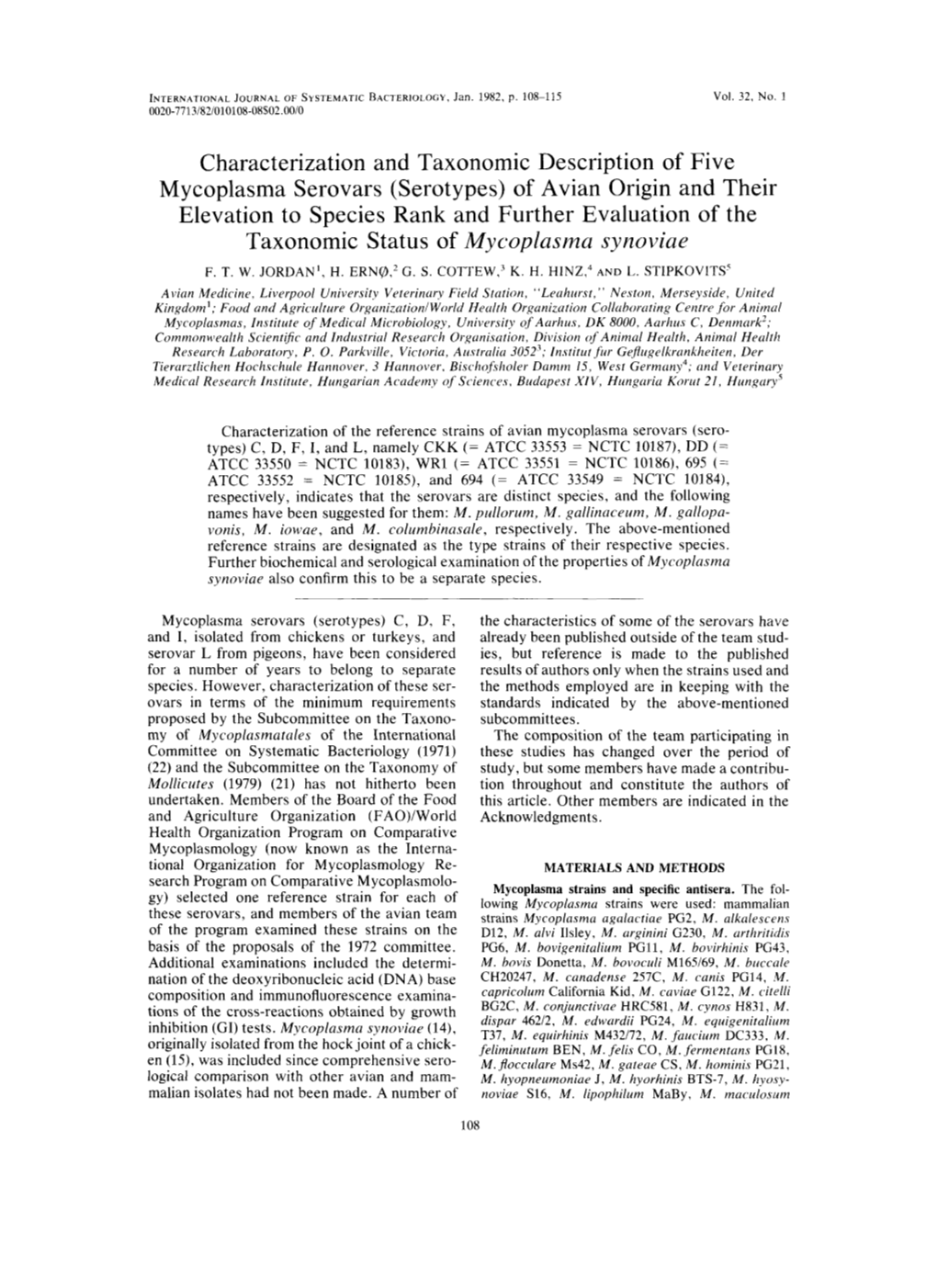 Characterization and Taxonomic Description of Five Mycoplasma