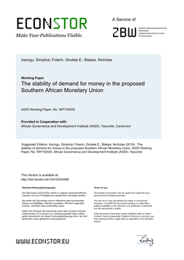 The Stability of Demand for Money in the Proposed Southern African Monetary Union