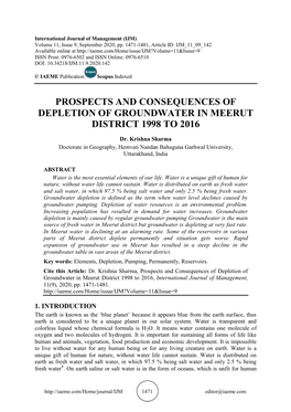 Prospects and Consequences of Depletion of Groundwater in Meerut District 1998 to 2016