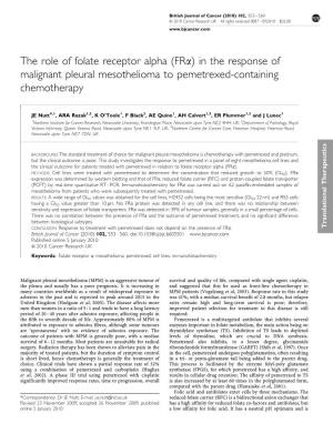 The Role of Folate Receptor Alpha (Fra) in the Response of Malignant Pleural Mesothelioma to Pemetrexed-Containing Chemotherapy