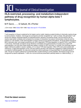 HLA-Restricted, Processing- and Metabolism-Independent Pathway of Drug Recognition by Human Alpha Beta T Lymphocytes