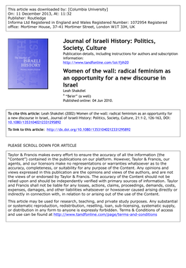 Radical Feminism As an Opportunity for a New Discourse in Israel Leah Shakdiel a “Be'er” (A Well) Published Online: 04 Jun 2010