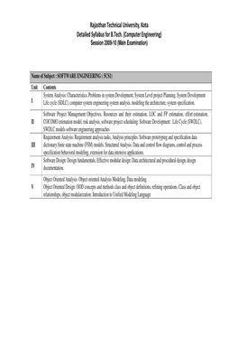 Rajasthan Technical University, Kota Detailed Syllabus for B.Tech. (Computer Engineering) Session 2009-10 (Main Examination)