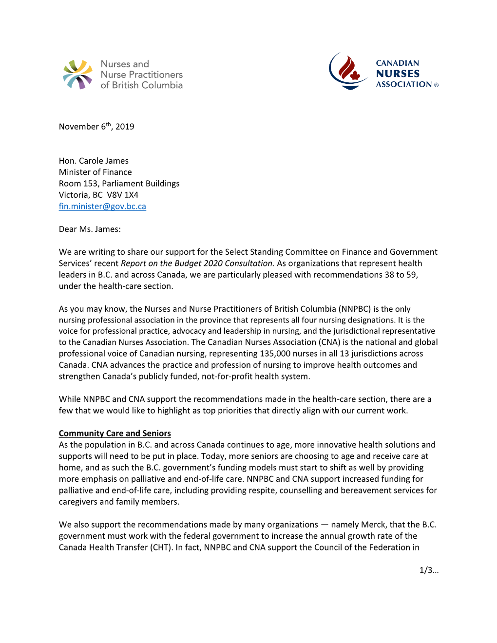 NNPBC/CNA 2020 Budget Consultation Letter