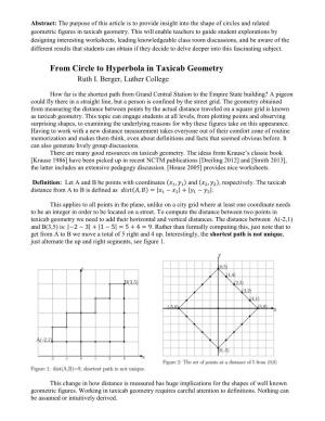 From Circle to Hyperbola in Taxicab Geometry