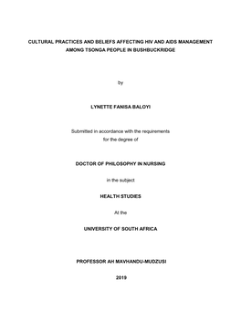 Cultural Practices and Beliefs Affecting Hiv and Aids Management Among Tsonga People in Bushbuckridge