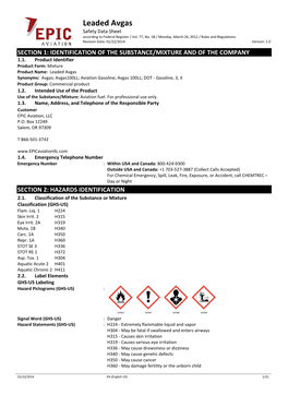 Leaded Avgas Safety Data Sheet According to Federal Register / Vol
