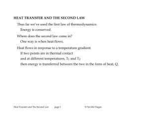 HEAT TRANSFER and the SECOND LAW Thus Far We’Ve Used the First Law of Thermodynamics: Energy Is Conserved
