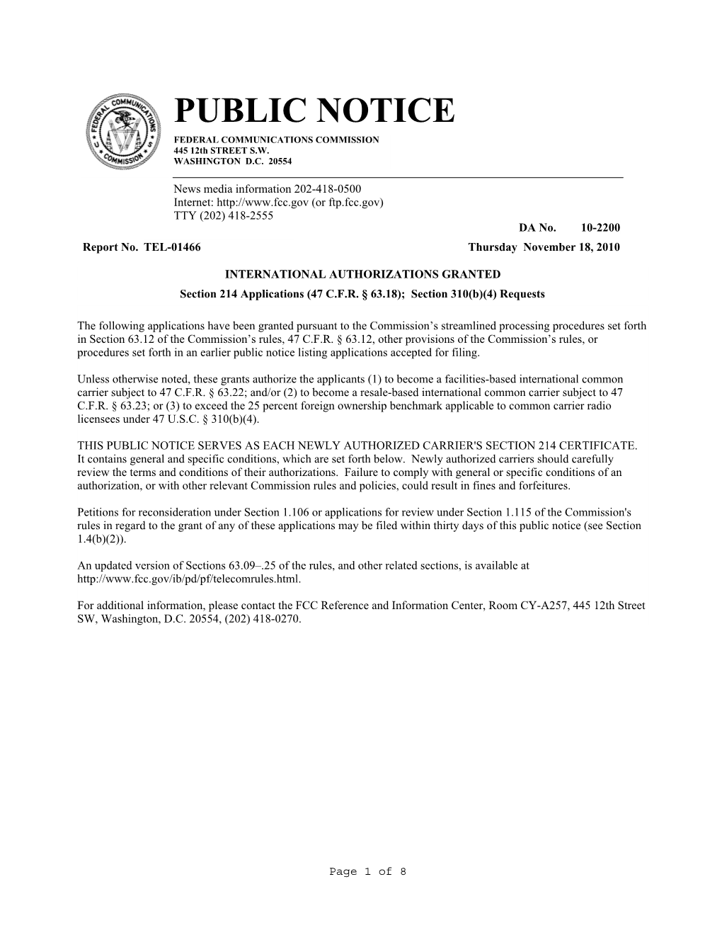 PUBLIC NOTICE FEDERAL COMMUNICATIONS COMMISSION 445 12Th STREET S.W