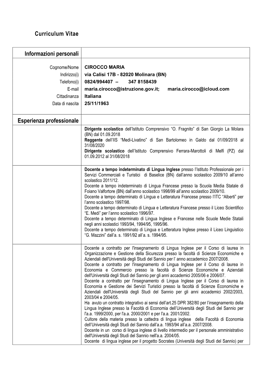 Curriculum Vitae Informazioni Personali Esperienza Professionale