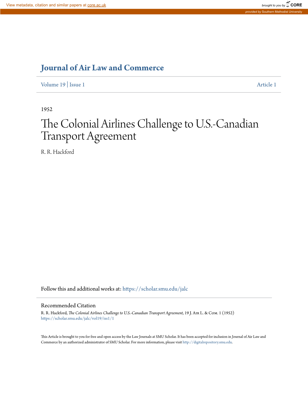 The Colonial Airlines Challenge to U.S.-Canadian Transport Agreement, 19 J