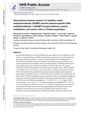 Methyltransferase (AS3MT) and N-6 Adenine-Specific DNA Methyltransferase 1 (N6AMT1) Polymorphisms, Arsenic Metabolism, and Cancer Risk in a Chilean Population