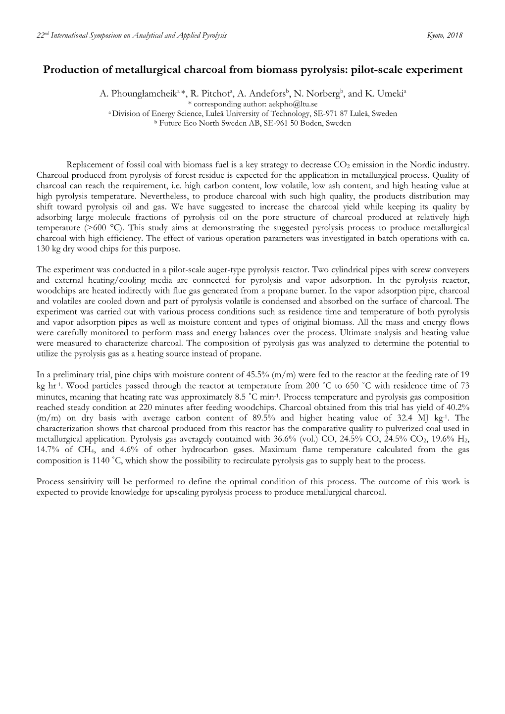 Production of Metallurgical Charcoal from Biomass Pyrolysis: Pilot-Scale Experiment