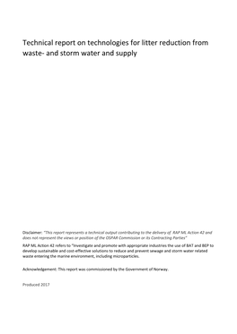 Technical Report on Technologies for Litter Reduction from Waste- and Storm Water and Supply