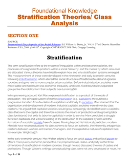 Foundational Knowledge Stratification Theories/ Class Analysis