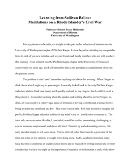 Learning from Sullivan Ballou: Meditations on a Rhode Islander’S Civil War