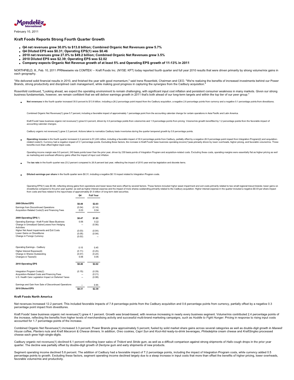 Kraft Foods Reports Strong Fourth Quarter Growth