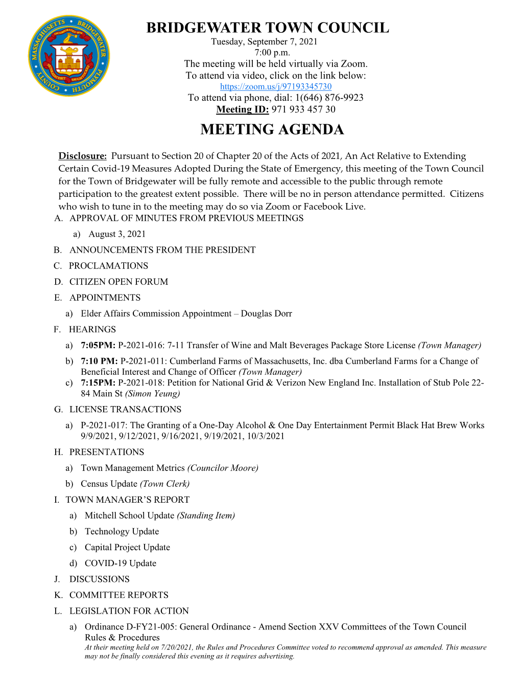 Bridgewater Town Council Meeting Agenda