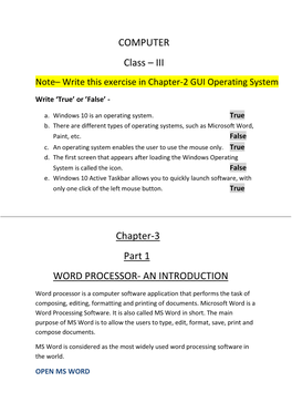 COMPUTER Class – III Chapter-3 Part 1 WORD PROCESSOR