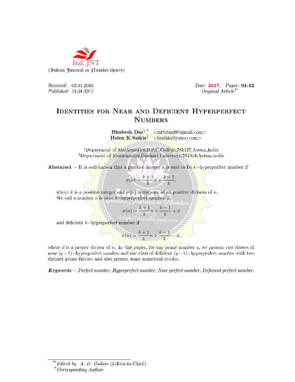 Identities for Near and Deficient Hyperperfect Numbers