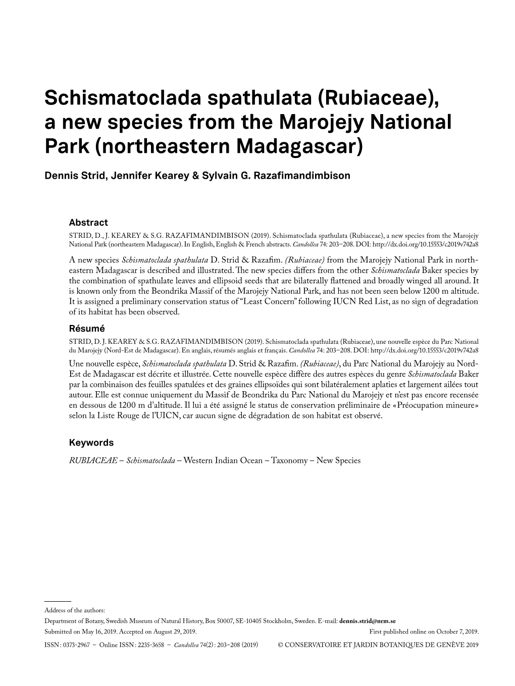 Schismatoclada Spathulata (Rubiaceae), a New Species from the Marojejy National Park (Northeastern Madagascar)