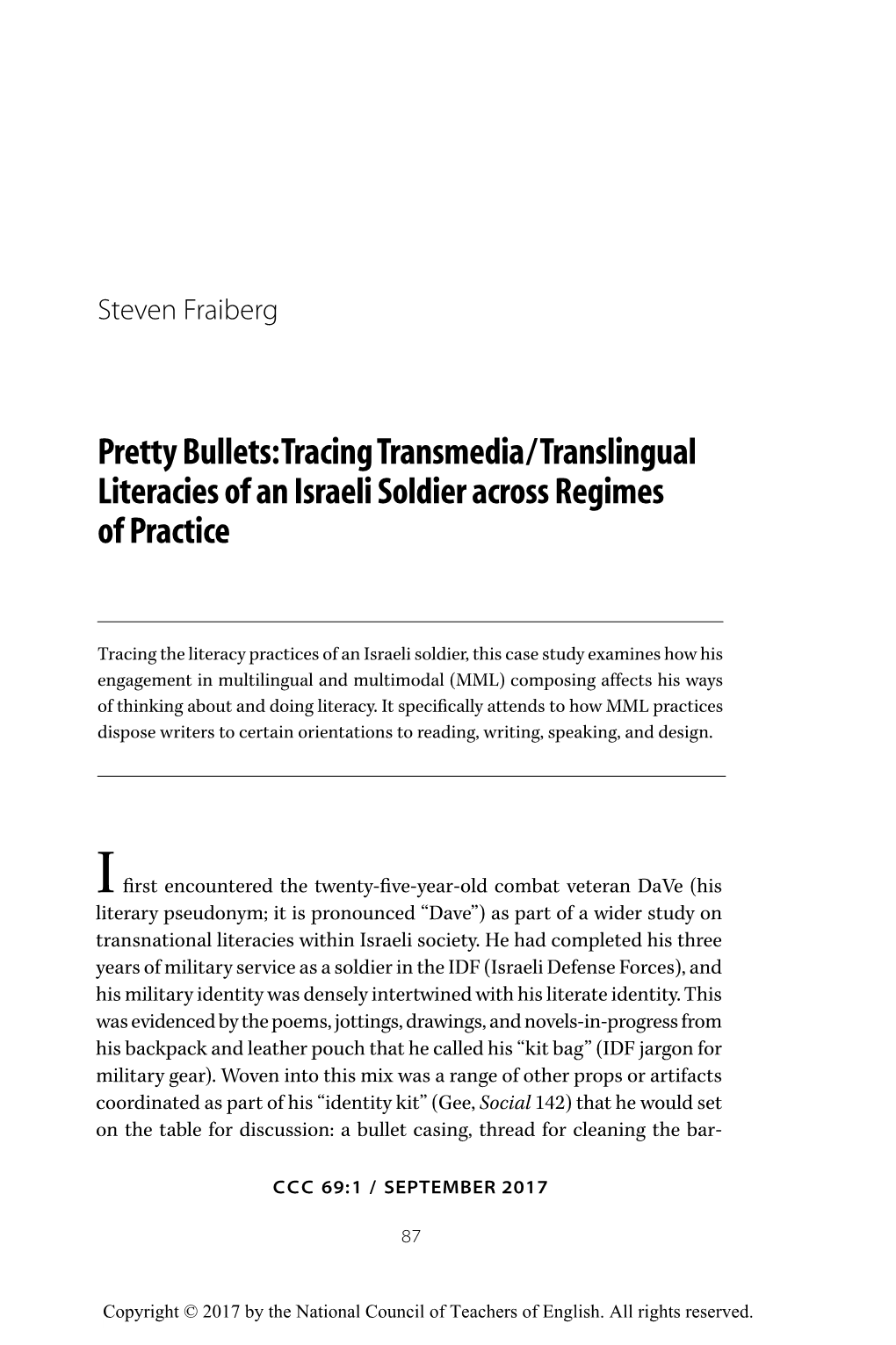 Pretty Bullets: Tracing Transmedia/Translingual Literacies of an Israeli Soldier Across Regimes of Practice