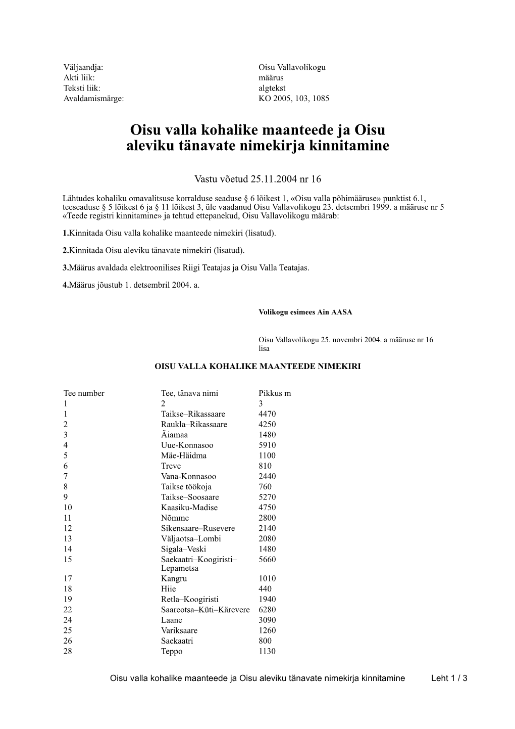 Oisu Valla Kohalike Maanteede Ja Oisu Aleviku Tänavate Nimekirja Kinnitamine