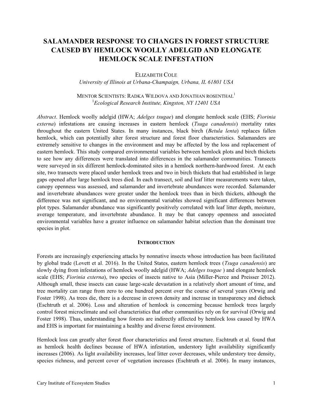 Salamander Response to Changes in Forest Structure Caused by Hemlock Woolly Adelgid and Elongate Hemlock Scale Infestation