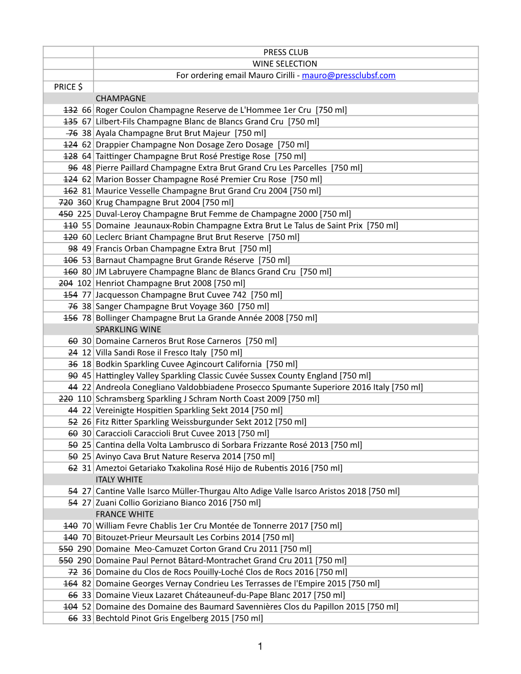 Press Club Retail Price List