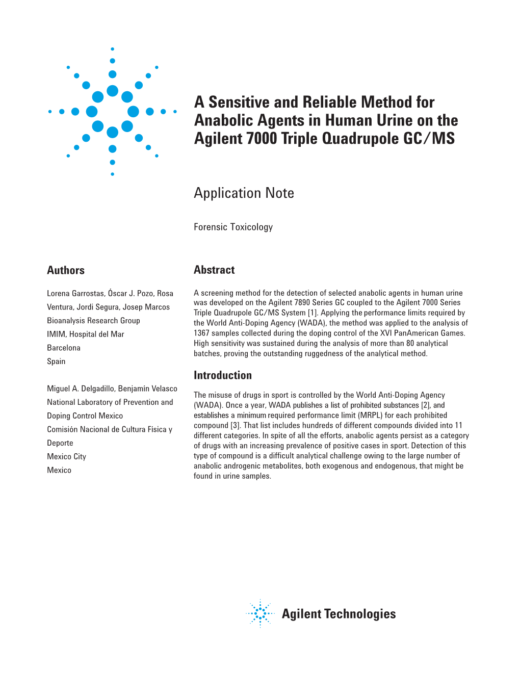 A Sensitive and Reliable Method for Anabolic Agents in Human Urine on the Agilent 7000 Triple Quadrupole GC/MS