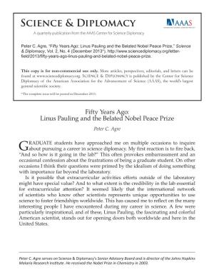 Linus Pauling and the Belated Nobel Peace Prize,” Science & Diplomacy, Vol
