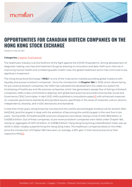 OPPORTUNITIES for CANADIAN BIOTECH COMPANIES on the HONG KONG STOCK EXCHANGE Posted on May 18, 2021