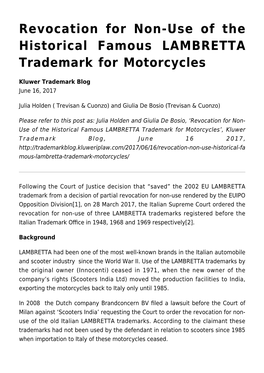 Revocation for Non-Use of the Historical Famous LAMBRETTA Trademark for Motorcycles
