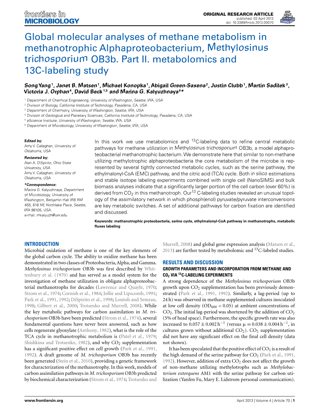 Global Molecular Analyses of Methane Metabolism in Methanotrophic Alphaproteobacterium, Methylosinus Trichosporium Ob3b