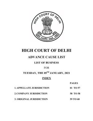 High Court of Delhi Advance Cause List List of Business for Tuesday, the 05Th January, 2021 Index Pages