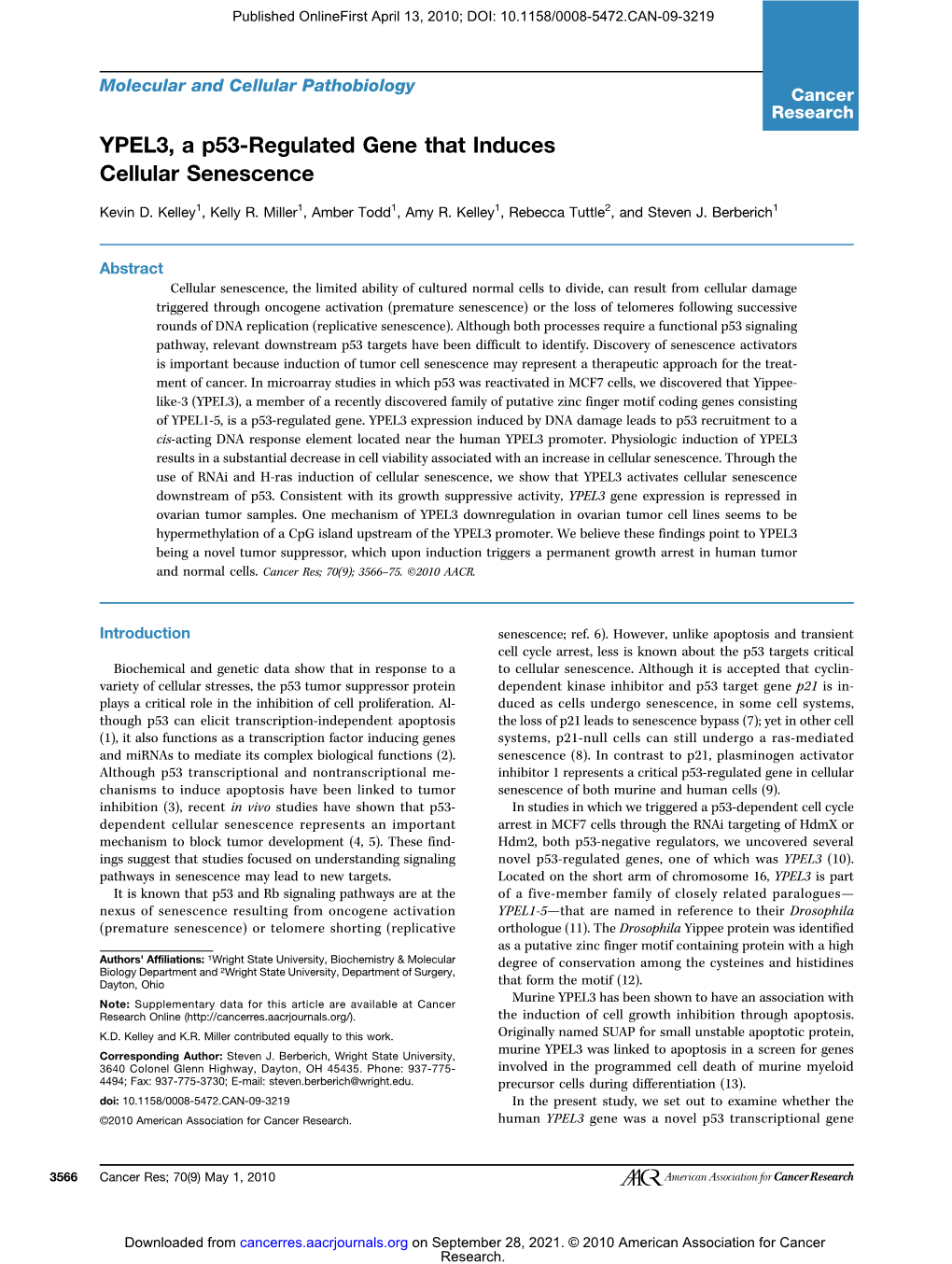 YPEL3, a P53-Regulated Gene That Induces Cellular Senescence