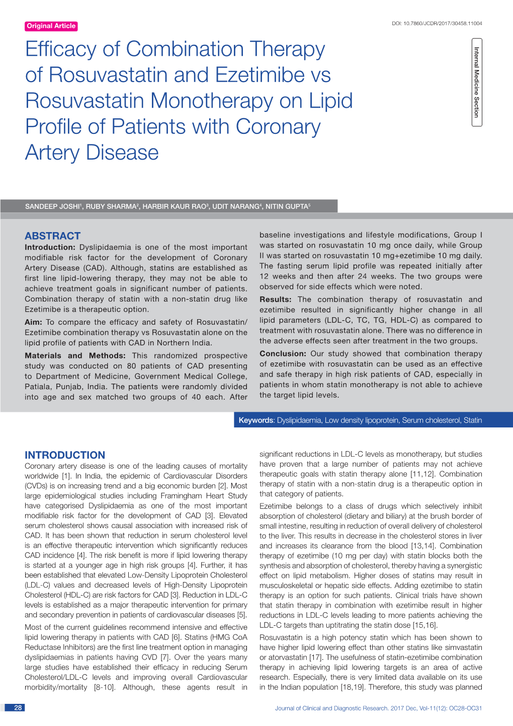 Efficacy of Combination Therapy of Rosuvastatin and Ezetimibe Vs