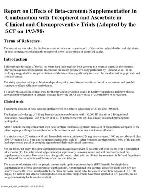 Report on Effects of Beta-Carotene Supplementation in Combination with Tocopherol and Ascorbate in Clinical and Chemopreventive Trials (Adopted by the SCF on 19/3/98)